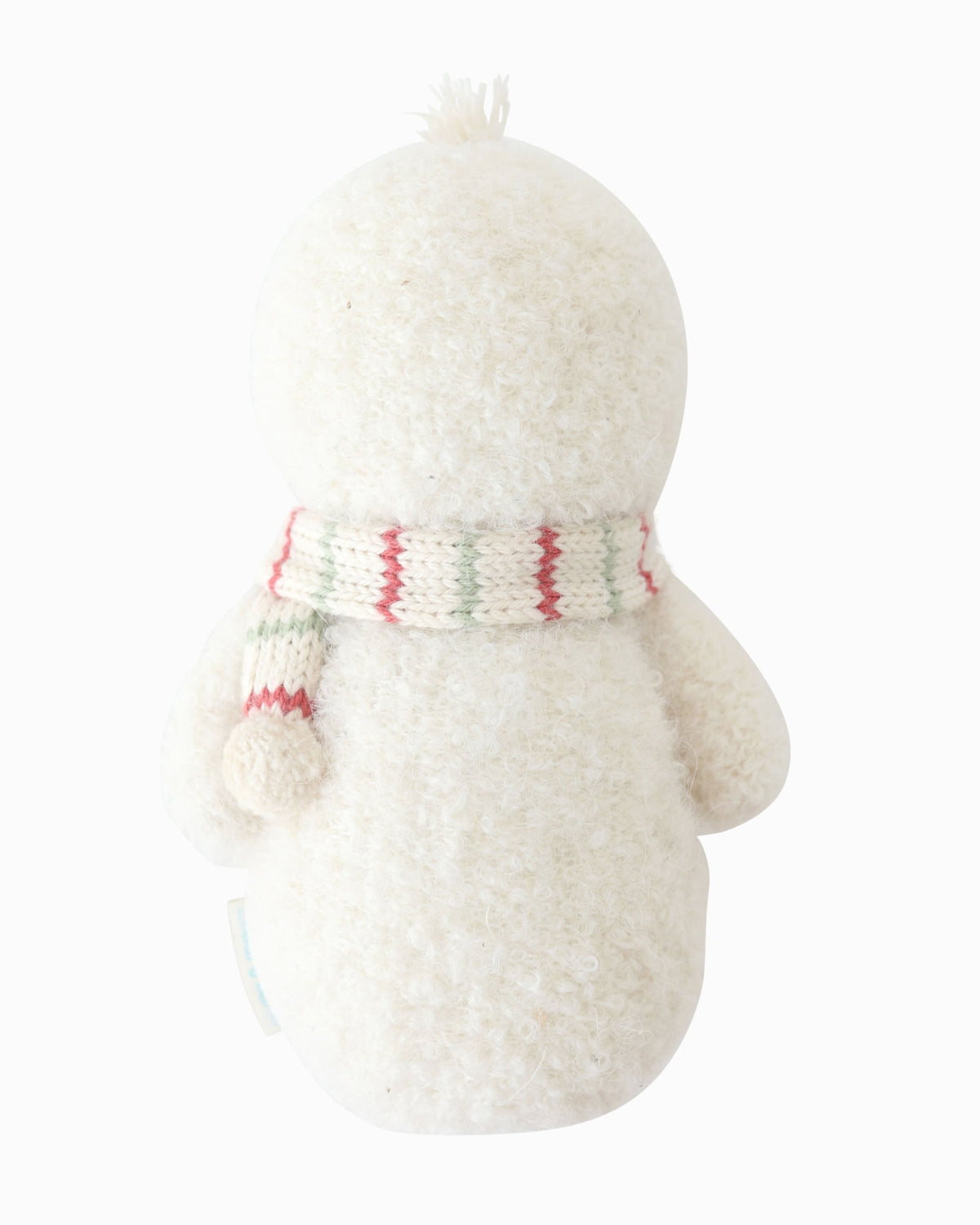Baby Snowman plush toy with peppermint stripe pattern from Cuddle + Kind, featuring soft fabric and adorable winter design.
