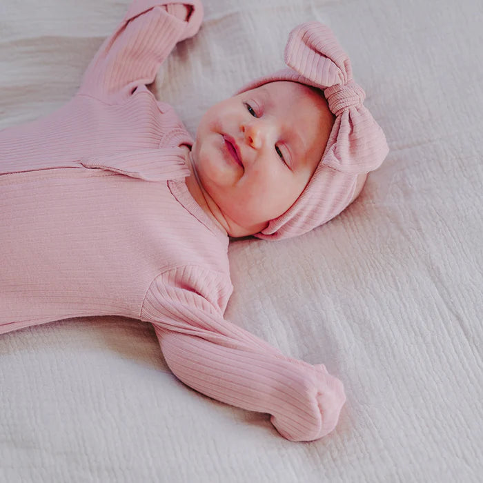 Organic Ribbed Romper With Footies & Mittens | Blush - Bubbadue