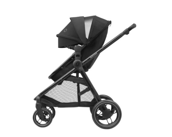 Maxi Cosi Zelia³ travel system with black stroller, Pebble 360 Pro car seat, and FamilyFix 360 Pro Slide Base, side view with adjustable canopy.