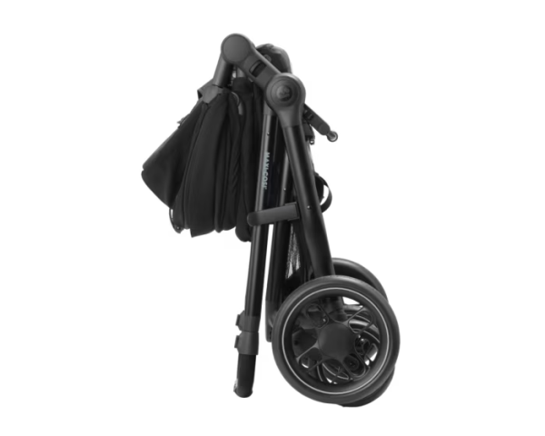 Maxi Cosi Zelia³ Travel System with Black stroller, Pebble 360 Pro car seat, and FamilyFix 360 Pro Slide Base, side view.
