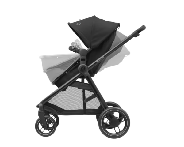 Maxi Cosi Zelia³ Travel System with Black stroller, Pebble 360 Pro car seat, and FamilyFix 360 Pro Slide Base, side view.