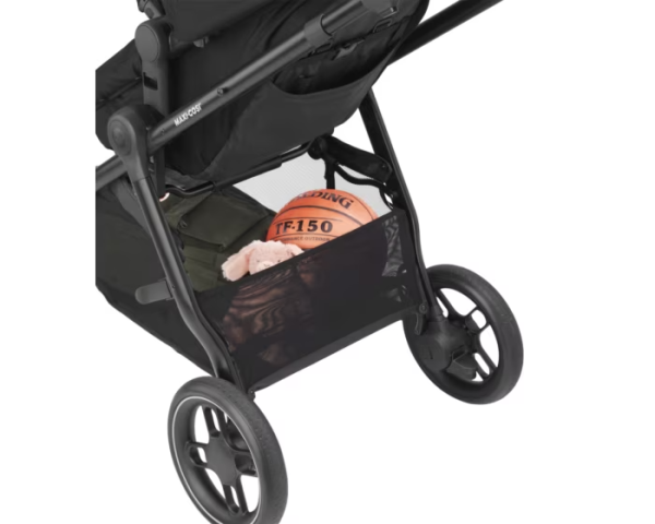 Maxi Cosi Zelia³ Travel System with black stroller, Pebble 360 Pro car seat, and FamilyFix 360 Pro Slide Base, side view with shopping basket