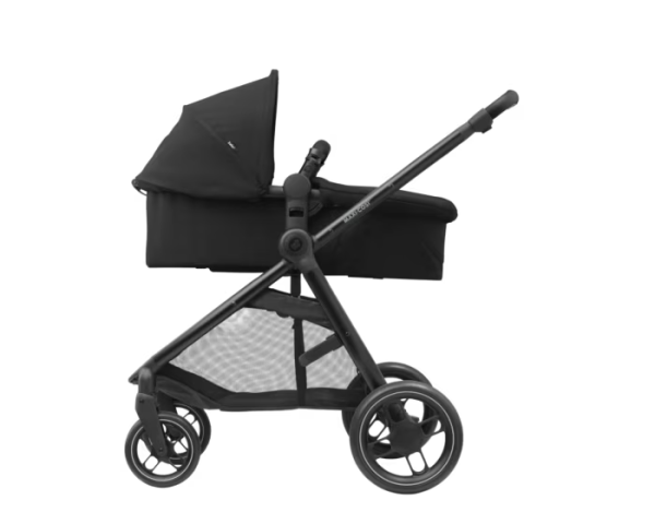 Maxi Cosi Zelia³ travel system with stroller, Pebble 360 Pro car seat, and FamilyFix 360 Pro slide base in black, side view.