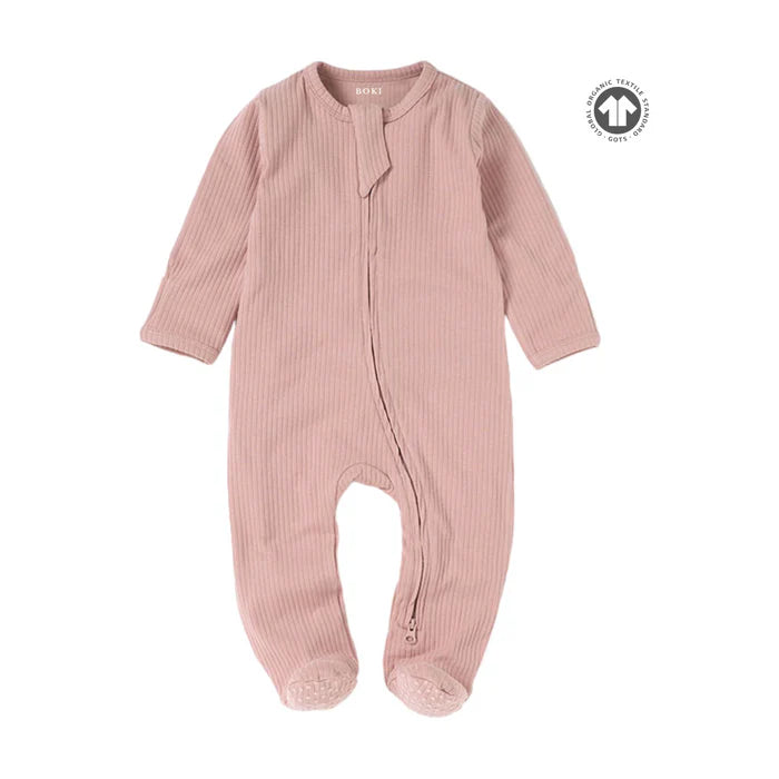 Organic Ribbed Romper With Footies & Mittens | Blush - Bubbadue