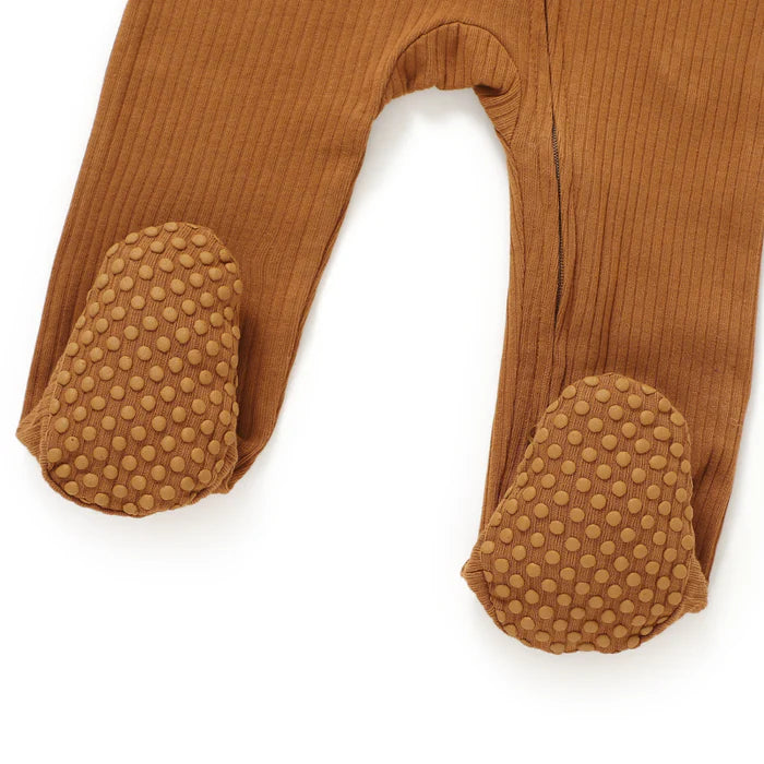 Organic Ribbed Romper With Footies & Mittens | Earthy Brown - Bubbadue