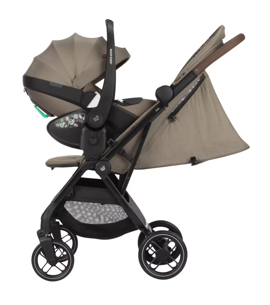 Maxi Cosi Soho Travel System with Truffle stroller, Pebble 360 Pro car seat, and FamilyFix 360 Pro Slide Base.