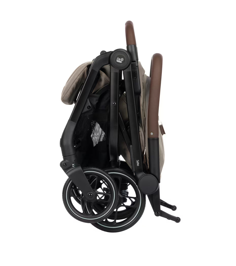 Maxi Cosi Soho Travel System with Truffle Soho Stroller, Pebble 360 Pro Car Seat, and FamilyFix 360 Pro Slide Base, folded side view.