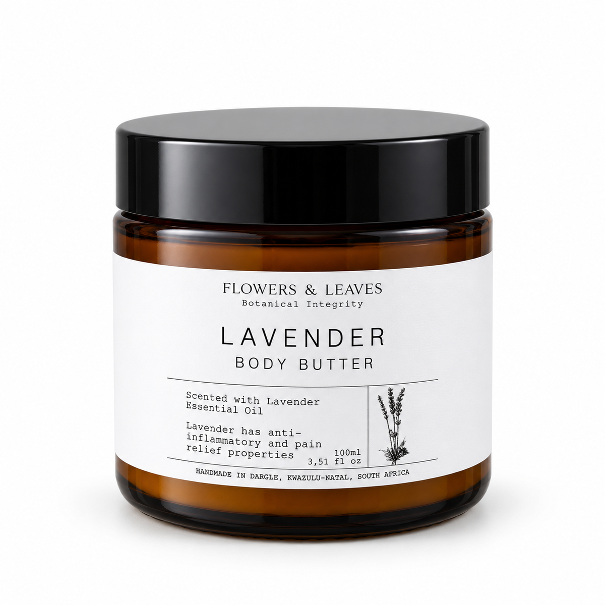 Flowers & Leaves lavender body butter 100ml jar with creamy texture and fresh lavender flowers and leaves in the background.