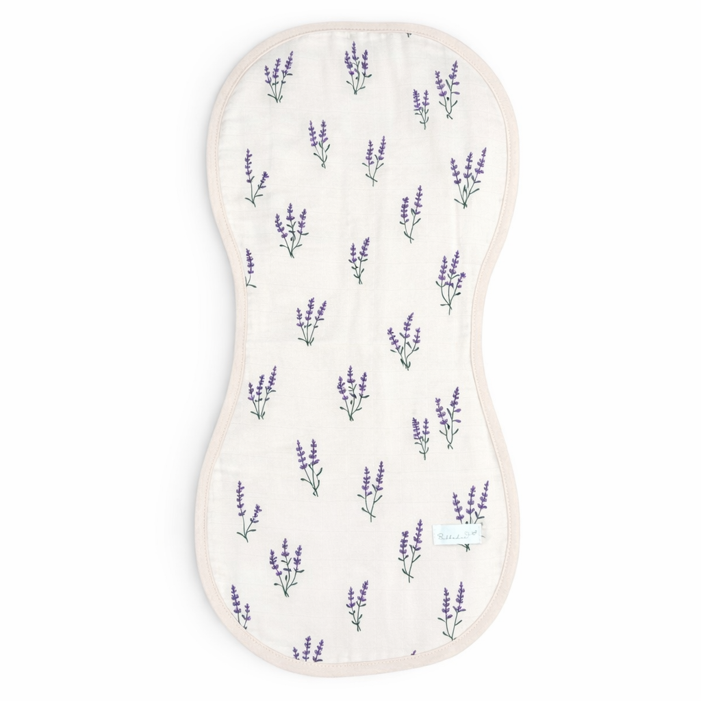 Soft lavender burp cloth from Bubbadue, made of gentle muslin fabric for comfort and absorbency.