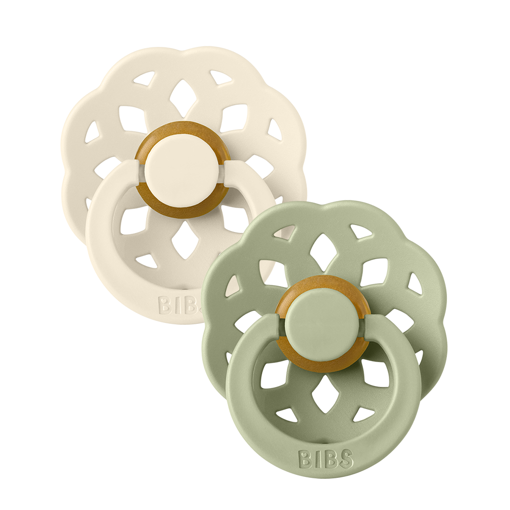 BIBS Boheme 2 Pack pacifiers in Ivory and Sage with round natural rubber latex nipples.
