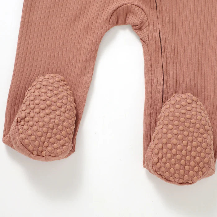 Organic Ribbed Romper With Footies & Mittens | Rust - Bubbadue