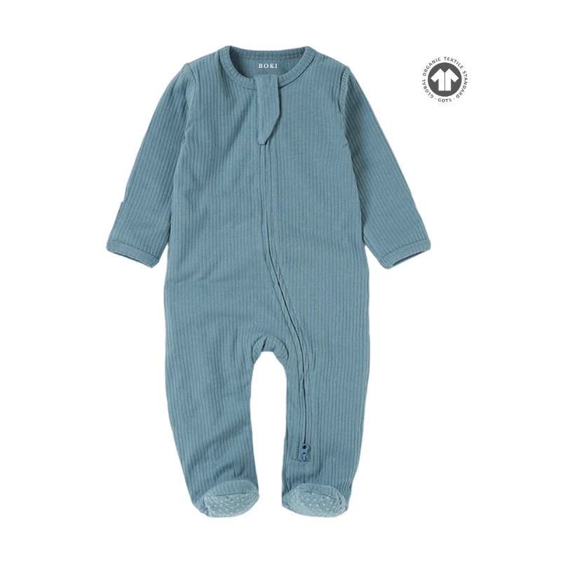 Organic Ribbed Romper With Footies & Mittens | Cloudy Sky