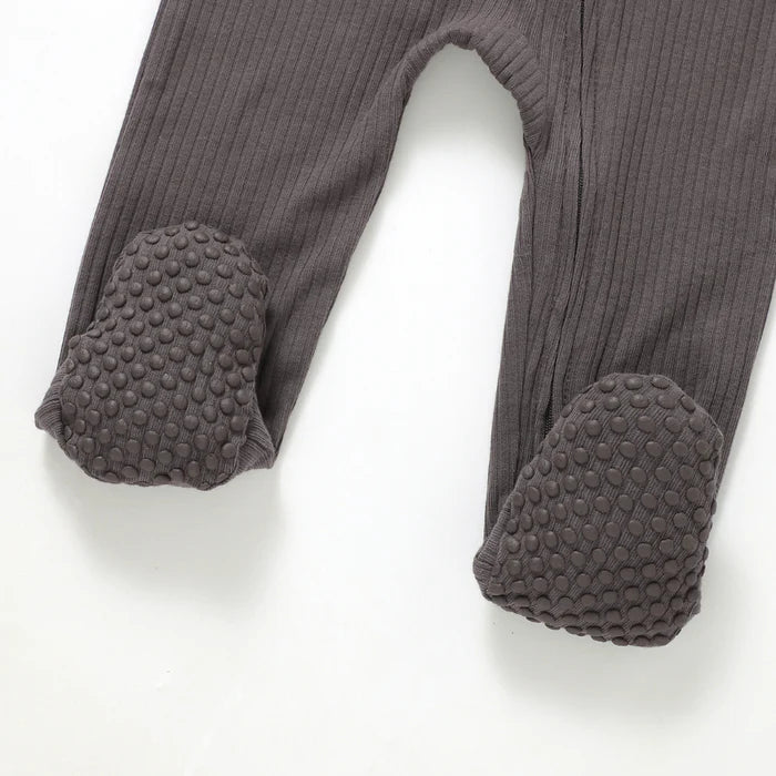 Organic Ribbed Romper With Footies & Mittens | Charcoal - Bubbadue