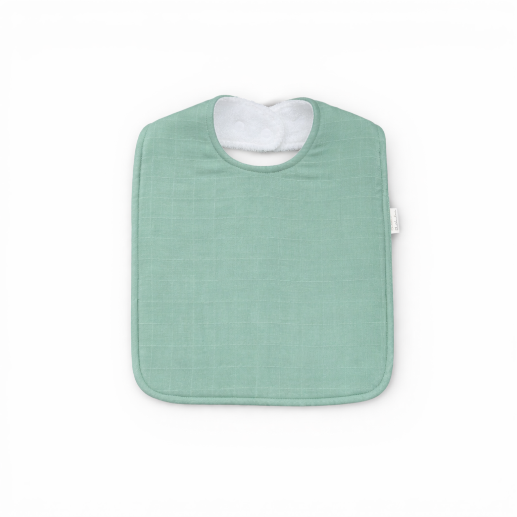 Bubbadue oversized teal feeding bib with waterproof material and adjustable neck closure, designed for mealtime mess protection.