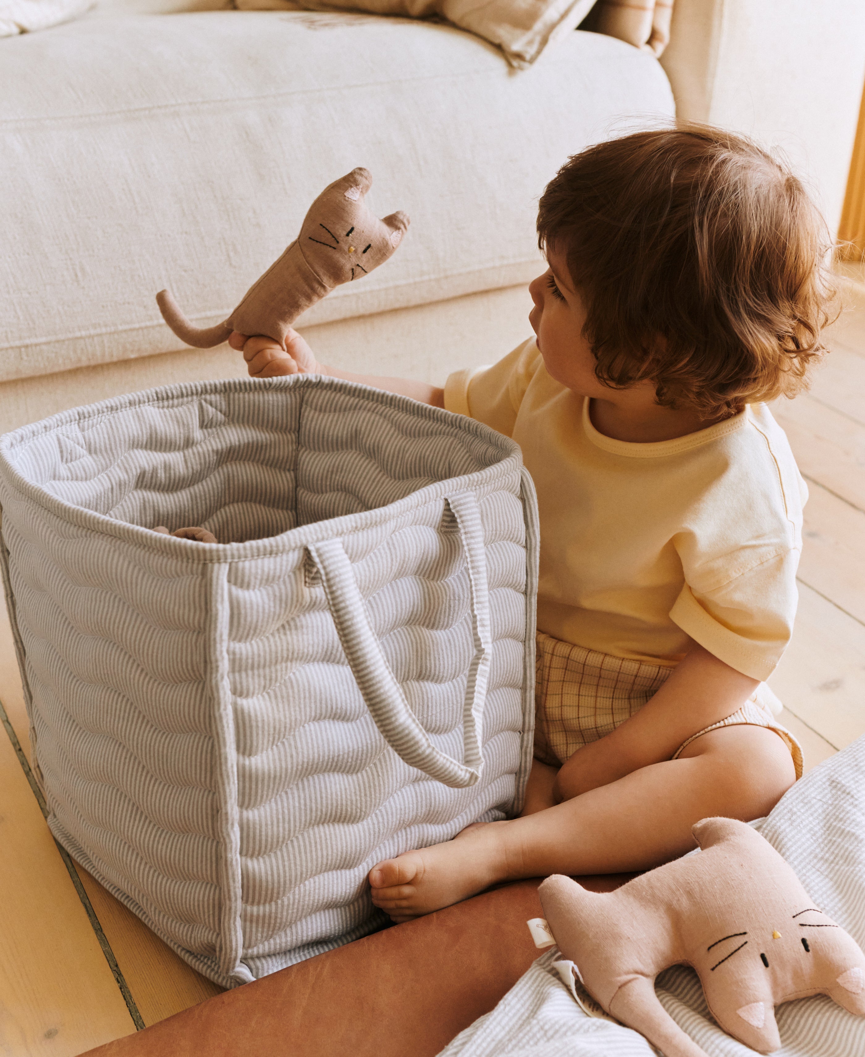 Dear April Ami Basket in Dew Stripe, styled storage basket with a soft stripe pattern.