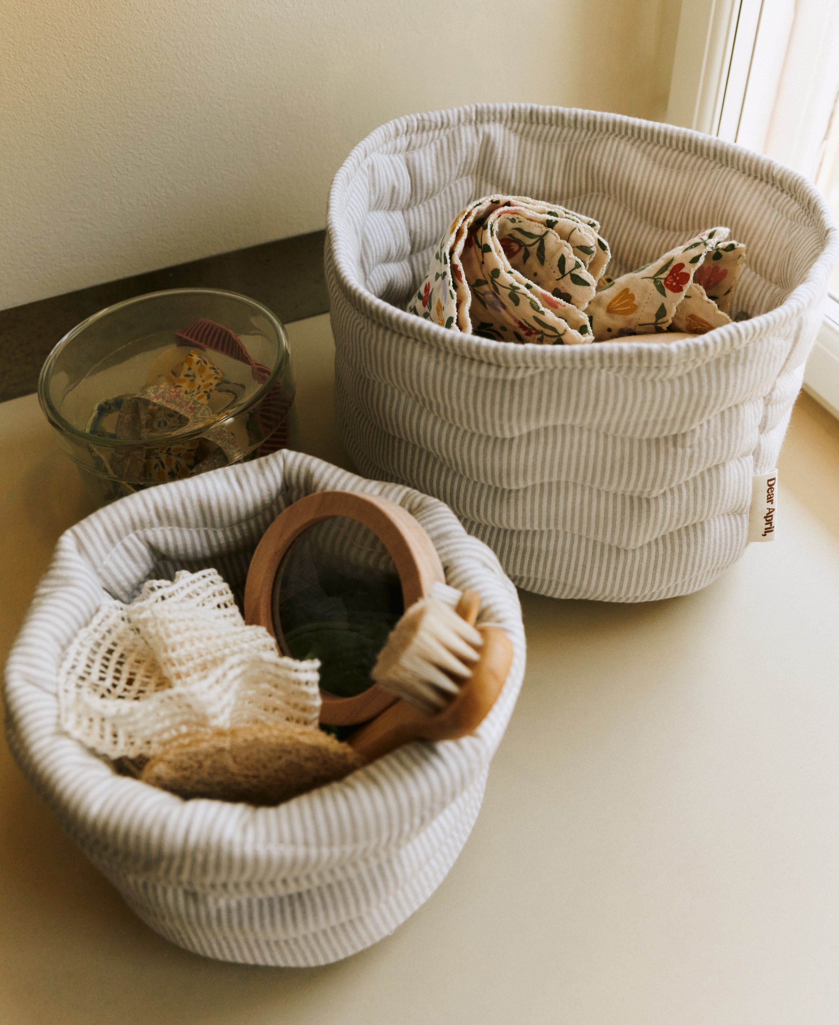 Dear April Kiki Baskets 2-pack in Dew Stripe, soft nursery storage baskets.