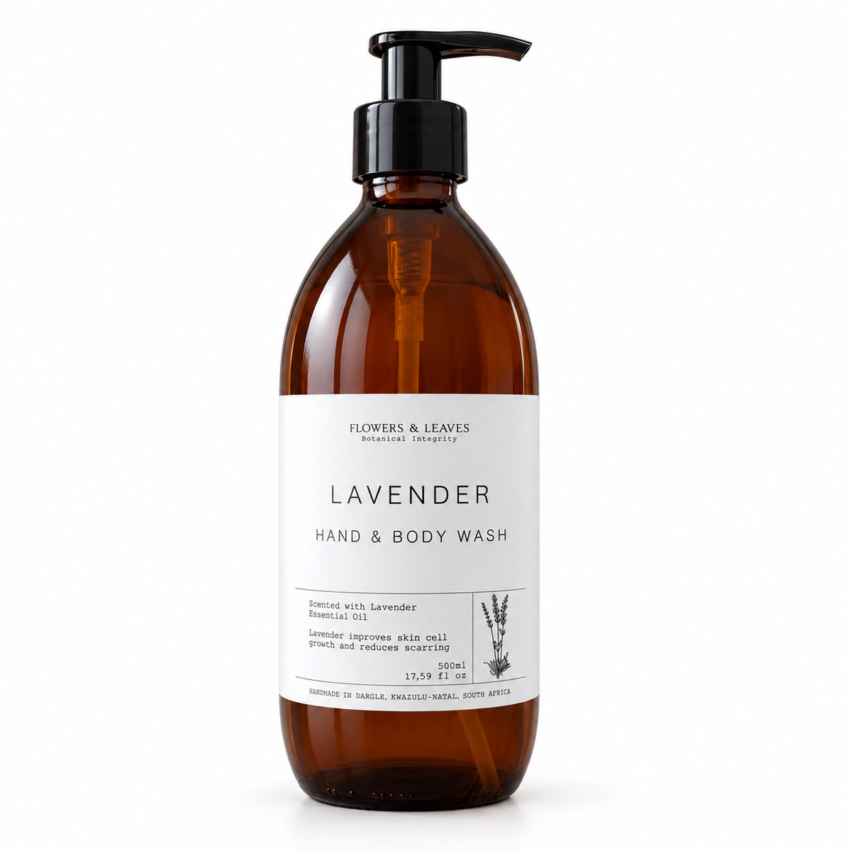 Flowers & Leaves Lavender Hand & Body Wash 500ml, clear bottle with lavender-colored liquid and floral label.