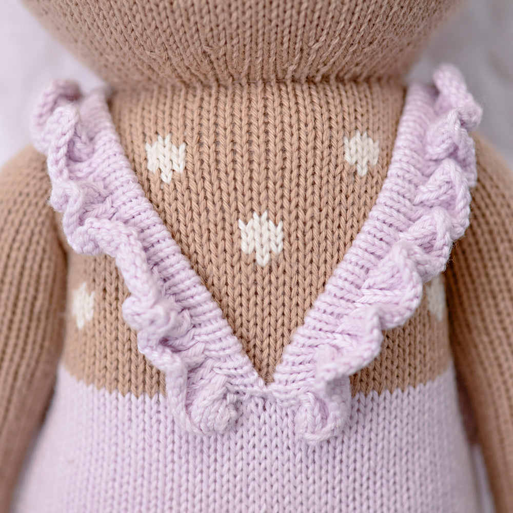 Ruffled hand-knit straps on the back of Violet the Fawn's romper - Cuddle + Kind