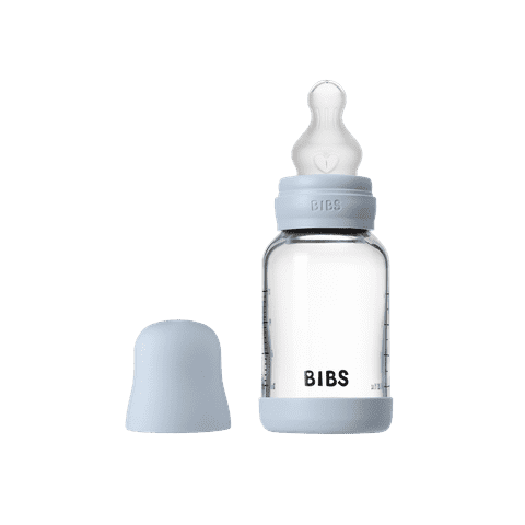 BIBS Glass Baby Bottle 120ml Silicone - Baby Blue