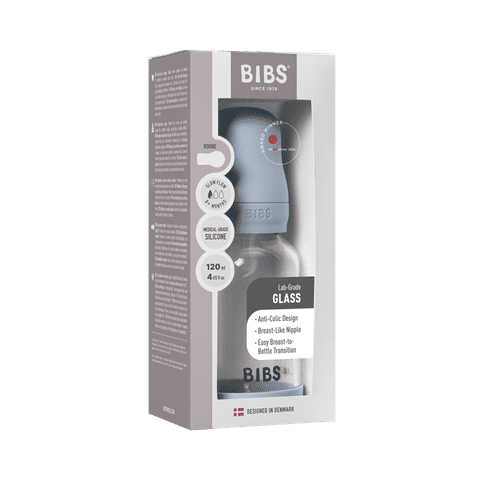 BIBS Glass Baby Bottle 120ml Silicone - Baby Blue