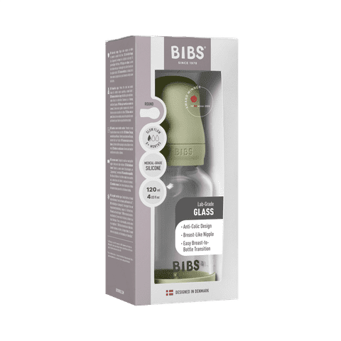 BIBS Glass Baby Bottle 120ml Silicone - Sage - Bubbadue