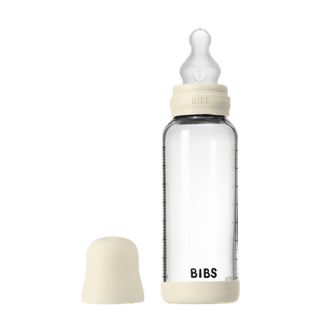 BIBS Glass Baby Bottle 240ml Silicone - Ivory - Bubbadue