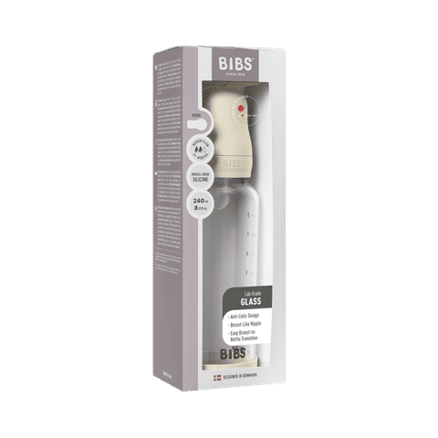 BIBS Glass Baby Bottle 240ml Silicone - Ivory - Bubbadue