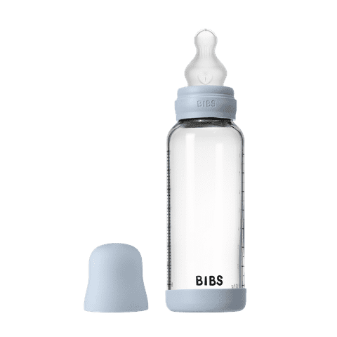 BIBS Glass Baby Bottle 240ml Silicone - Baby Blue