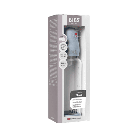 BIBS Glass Baby Bottle 240ml Silicone - Baby Blue