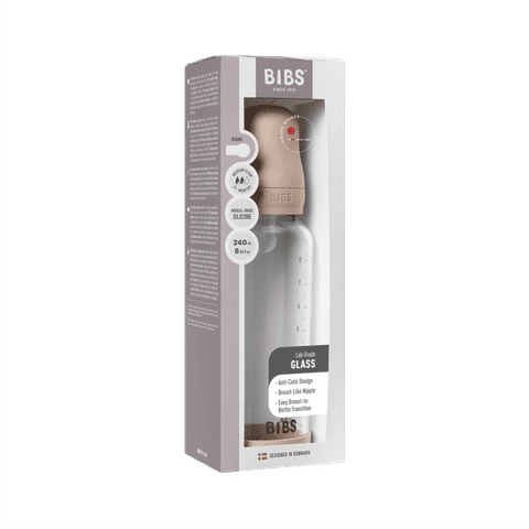 BIBS Glass Baby Bottle 240ml Silicone - Blush - Bubbadue