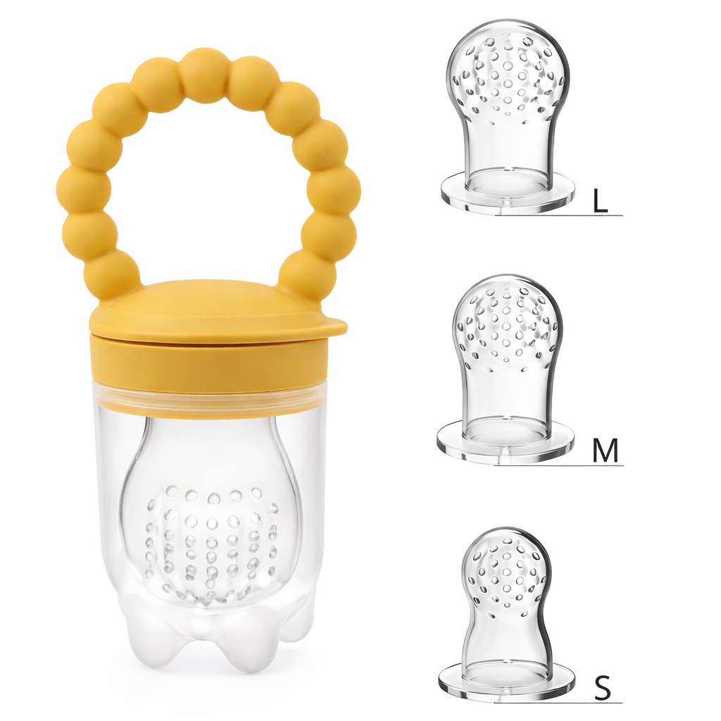 Bubbadue silicone fruit feeder and teether for babies, featuring a clear silicone scoop with a handle for easy gripping.