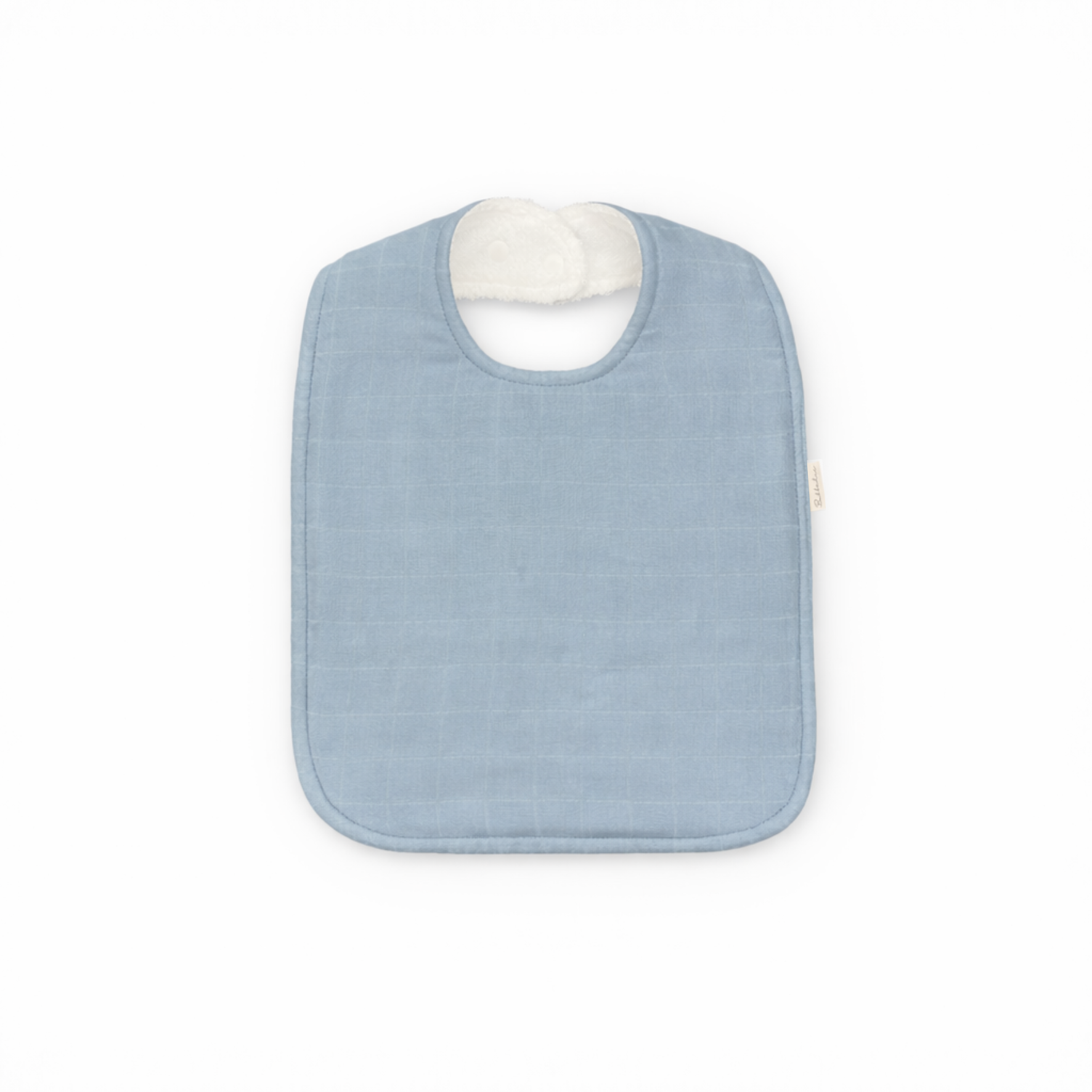 Bubbadue oversized feeding bib in Misty Blue, soft waterproof fabric with adjustable neck strap for comfortable feeding.