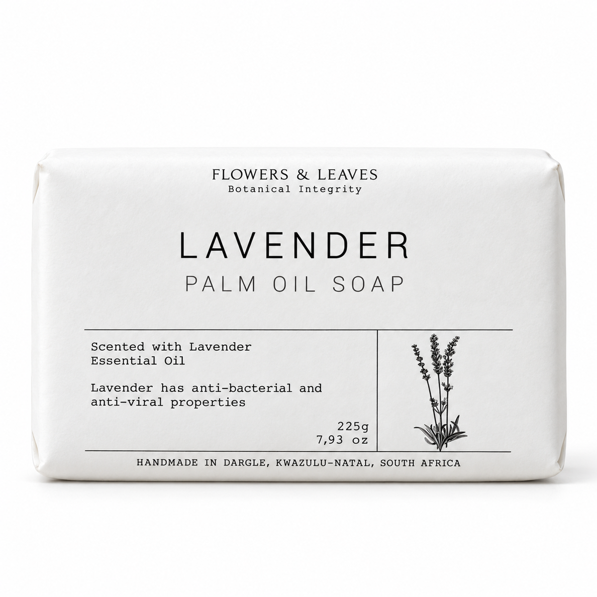 Flowers & Leaves Lavender Palm Oil Soap 225g with floral and leaf patterns, showcasing the herbal soap in a natural setting.