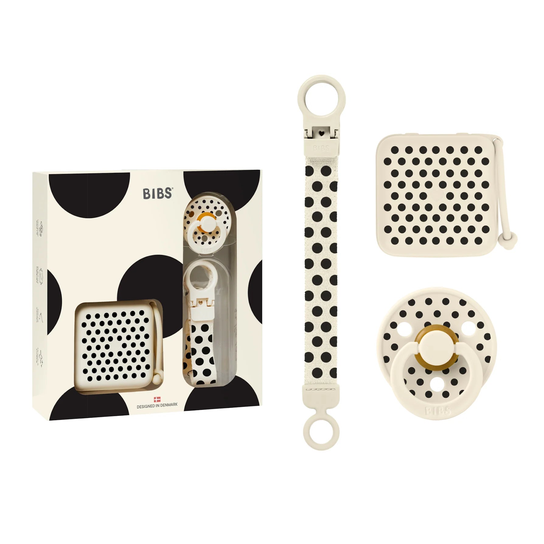 BIBS Gift Set – Polka Soothe & Go | Latex Size 2 – Ivory / Black