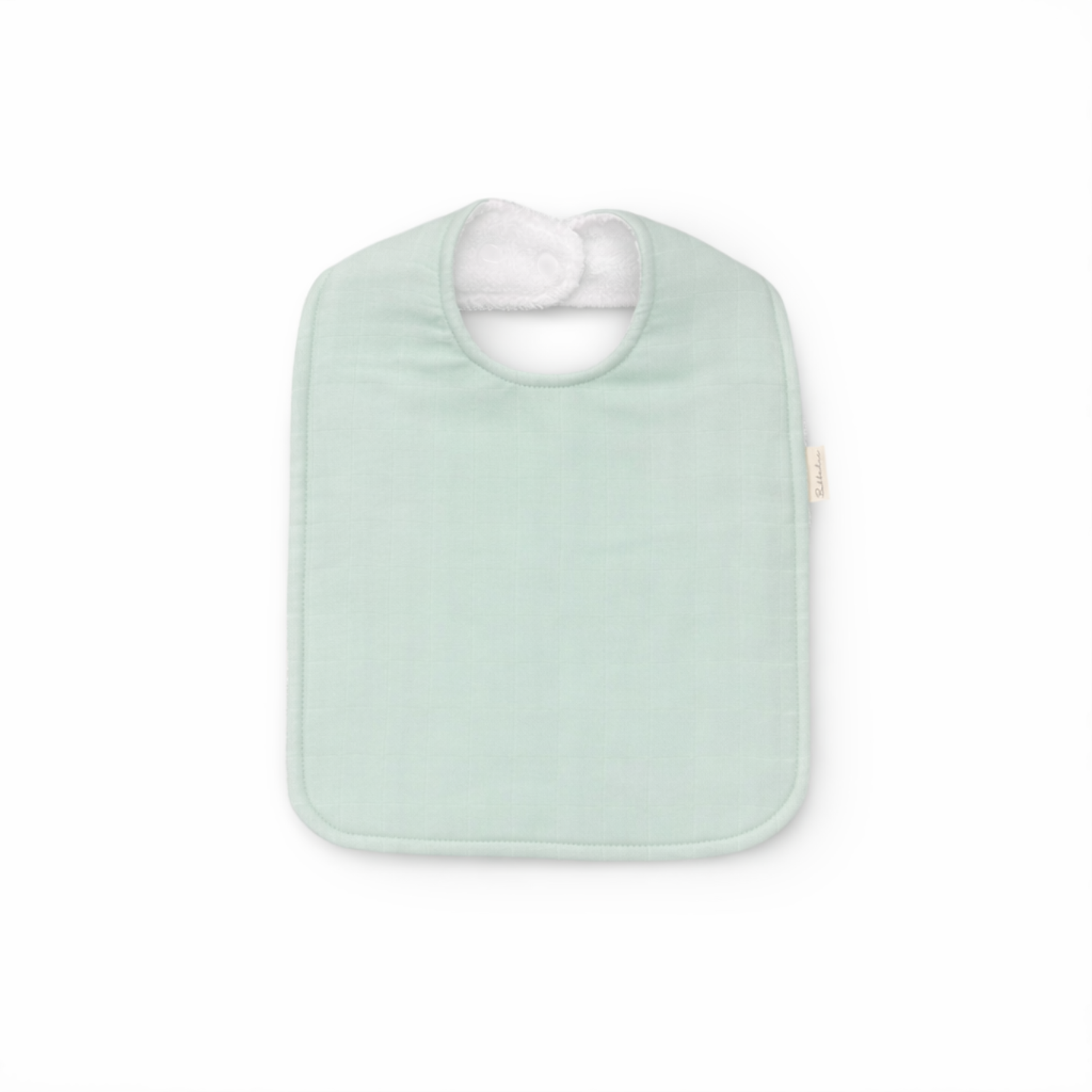 Bubbadue oversized pale blue feeding bib with adjustable neck strap and waterproof front, designed for babies during mealtime.
