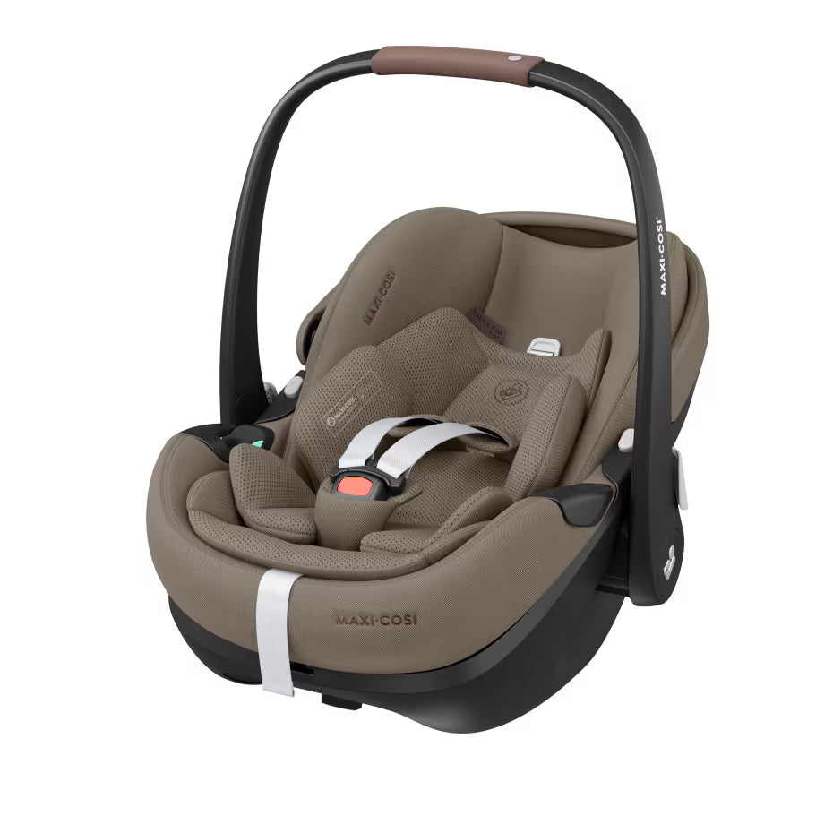 Maxi Cosi Soho Travel System with Pebble 360 Pro car seat and FamilyFix 360 Pro Slide Base in Truffle brown, shown from the left.