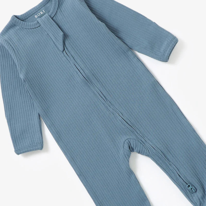 Organic Ribbed Romper With Footies & Mittens | Cloudy Sky