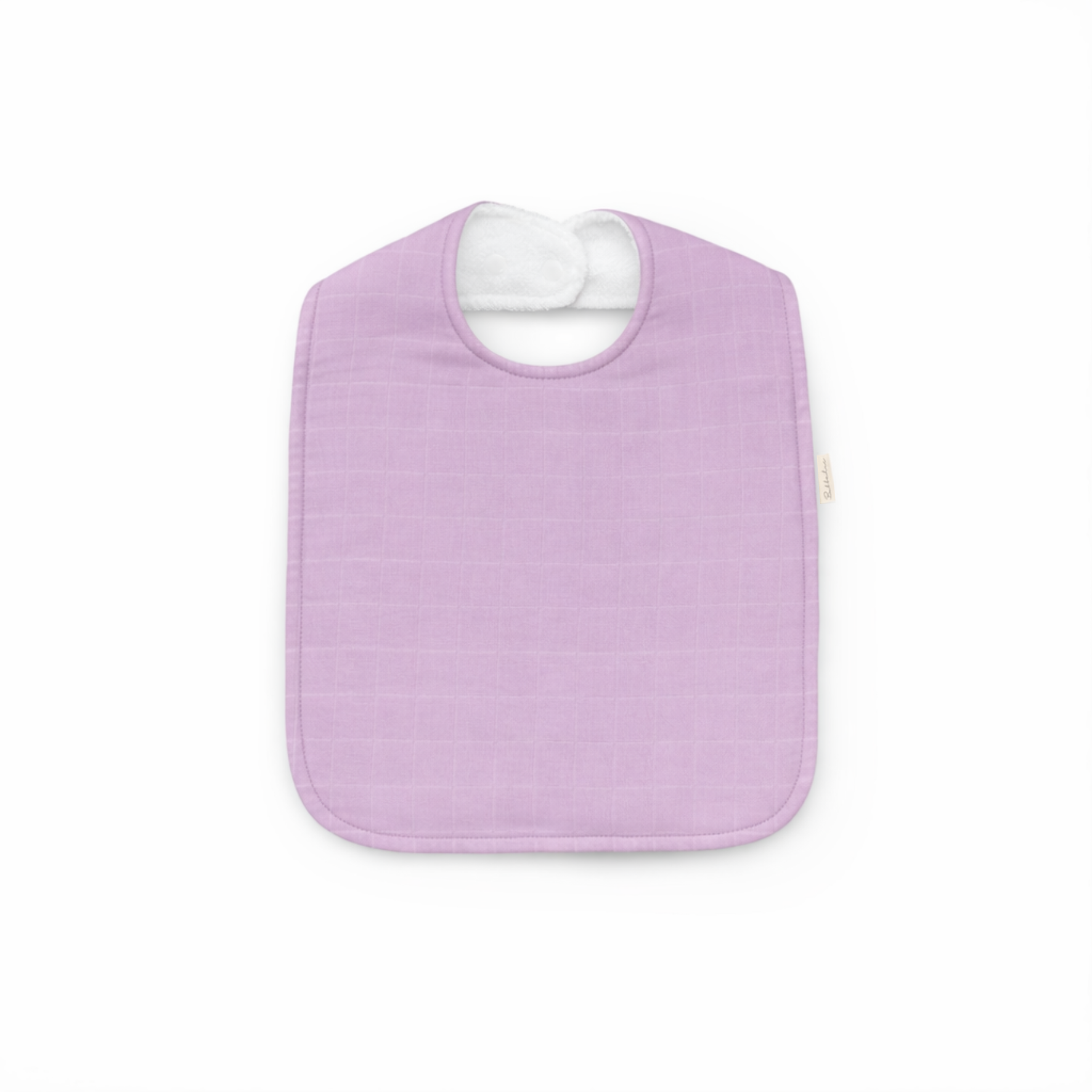 Bubbadue oversized mauve feeding bib with adjustable neck strap and waterproof material, designed for infants' mealtime protection.