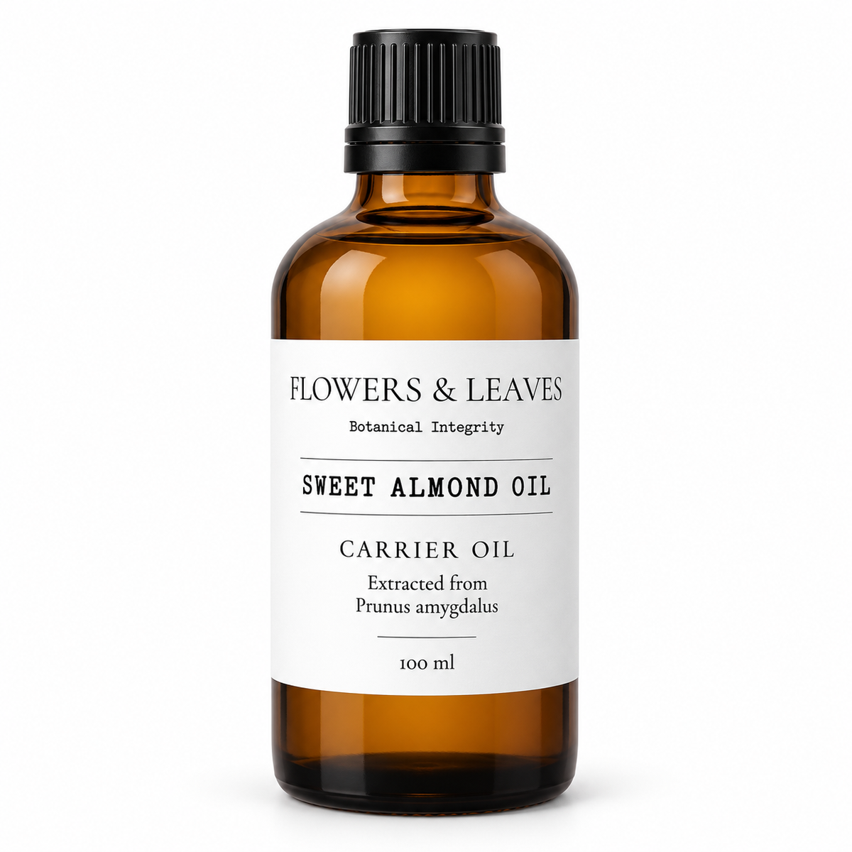 Flowers & Leaves Sweet Almond Oil 100ml bottle, showcasing clear glass container with golden-colored almond oil, labeled as carrier oil.