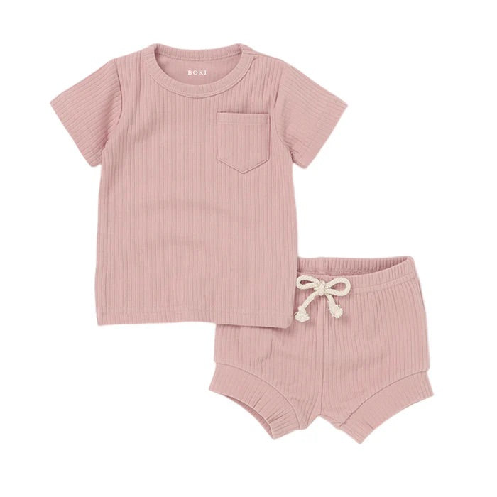 2 Piece Organic Rib Pyjama Set - Pale Rose