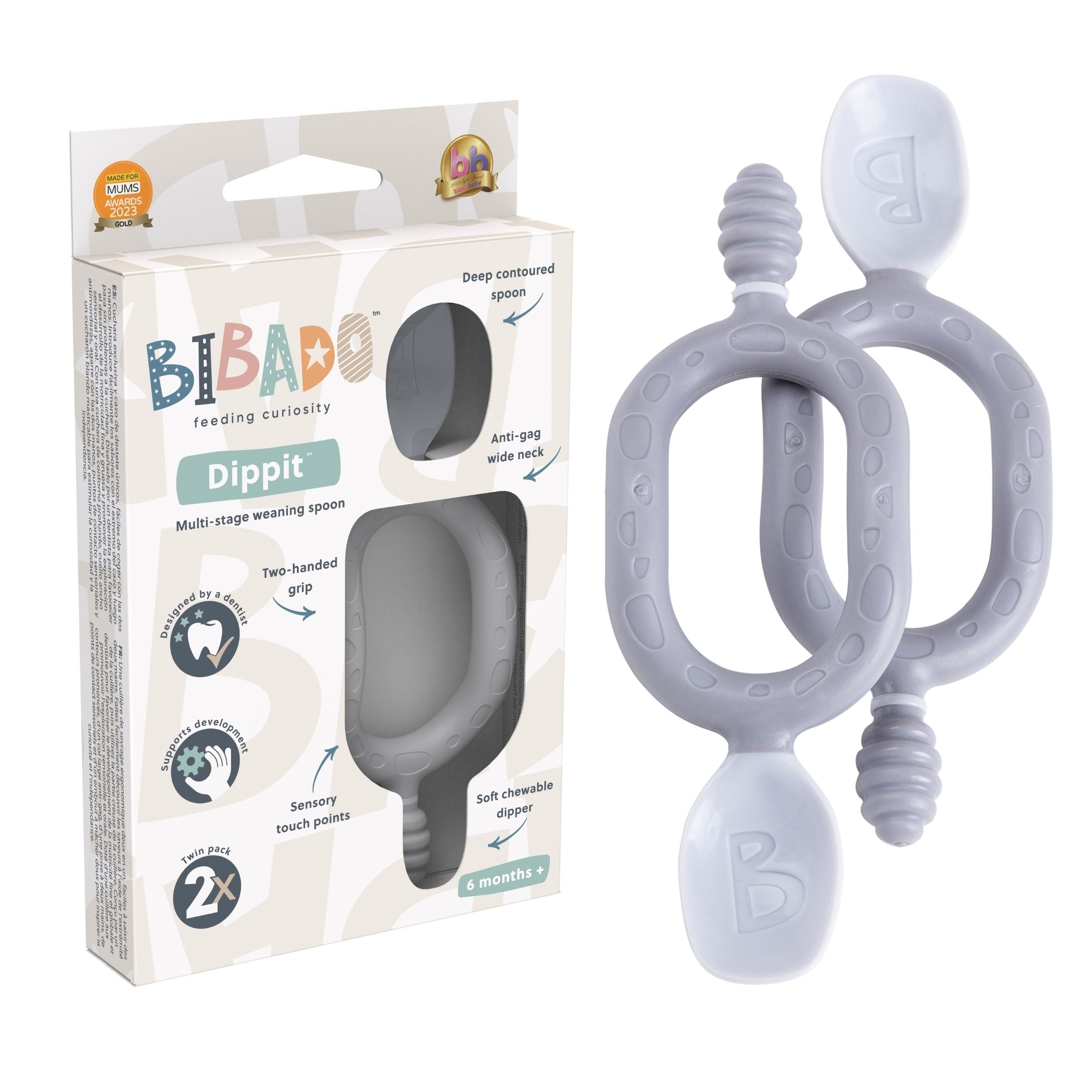 Baby weaning spoons from Bibado Dippit set, soft silicone tips and ergonomic handles for easy feeding, shown in a 2-pack.