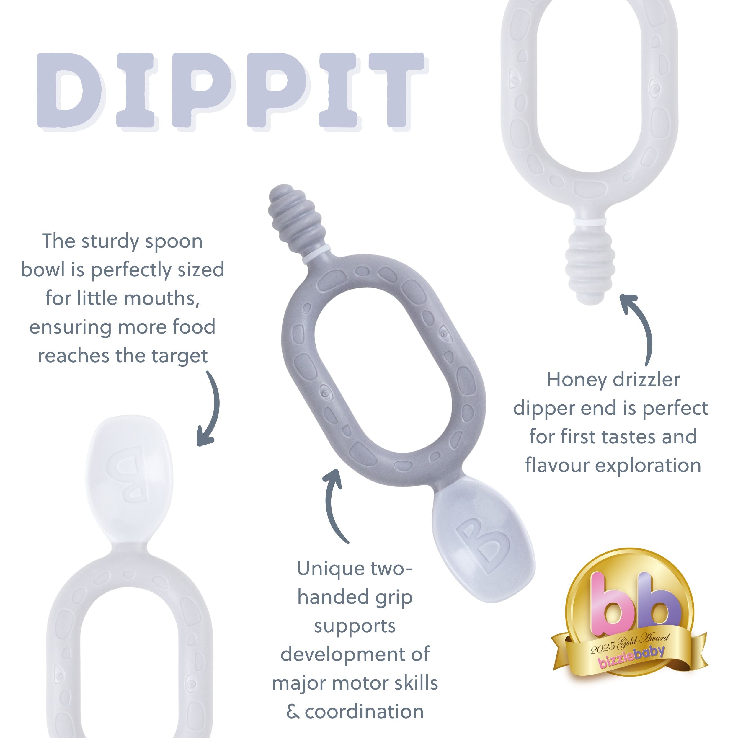 Set of two Bibado Dippit baby weaning spoons in mist color with soft handles for easy feeding and self-feeding practice.