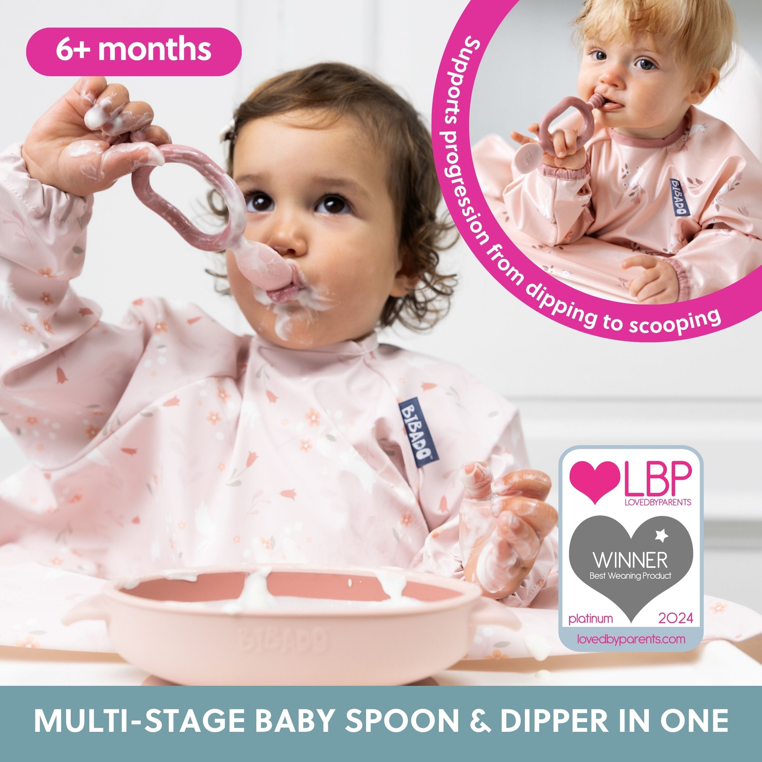 Set of two Bibado Dippit baby weaning spoons in blush pink, designed for easy feeding and pureed food for infants.