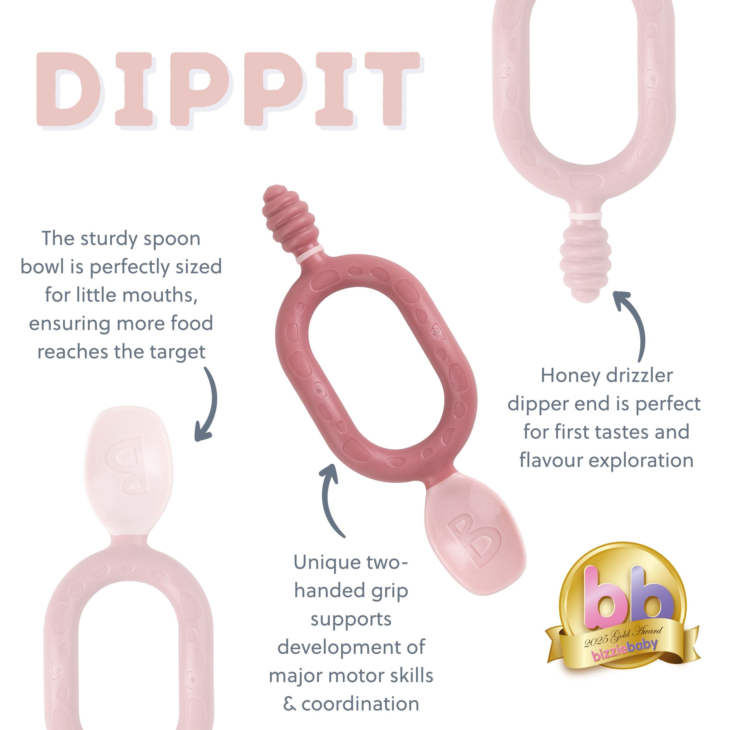 Set of two blush baby weaning spoons by Bibado Dippit for easy feeding and self-feeding development.