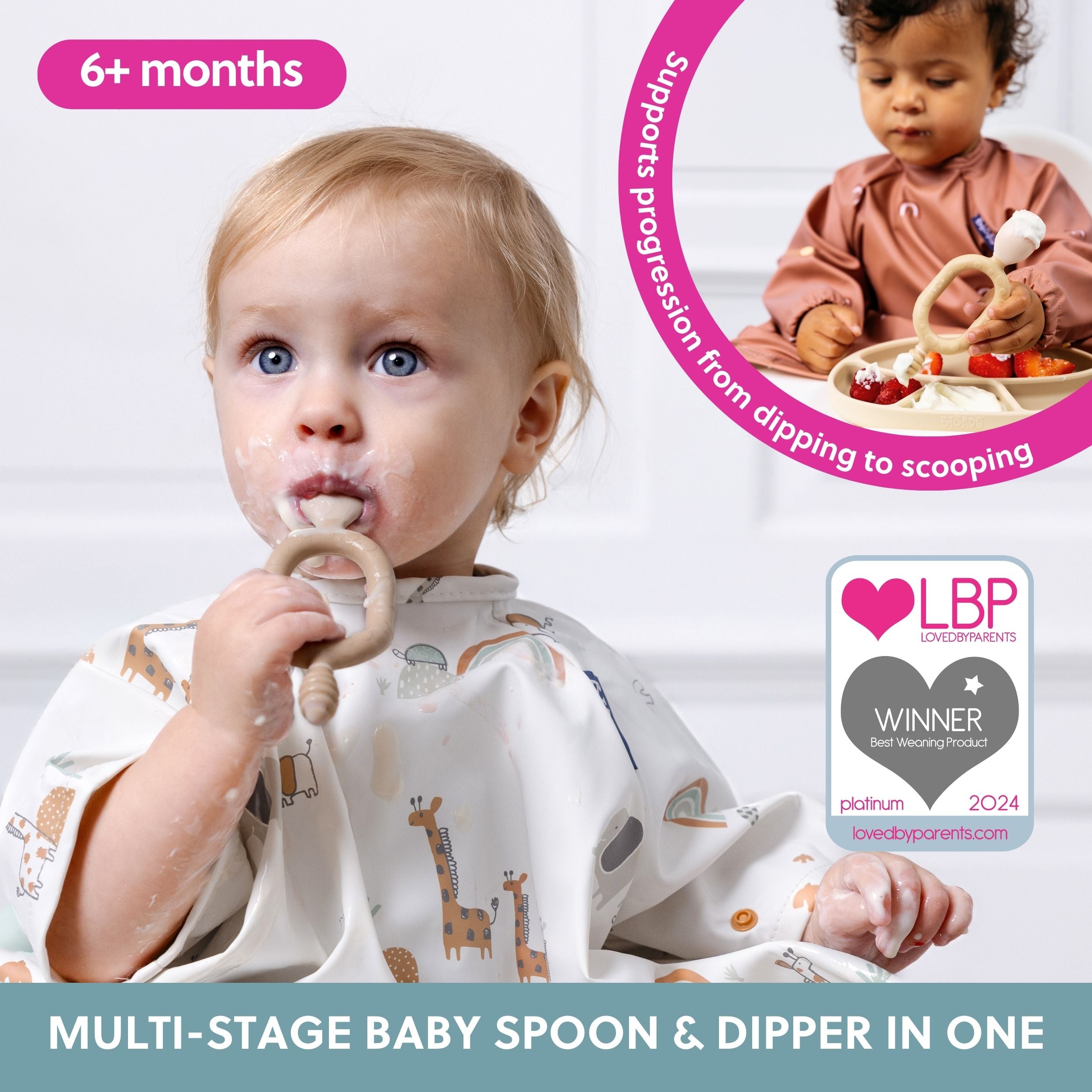 Set of two FAWN Bibado Dippit baby weaning spoons with soft silicone tips and ergonomic handles for easy feeding.