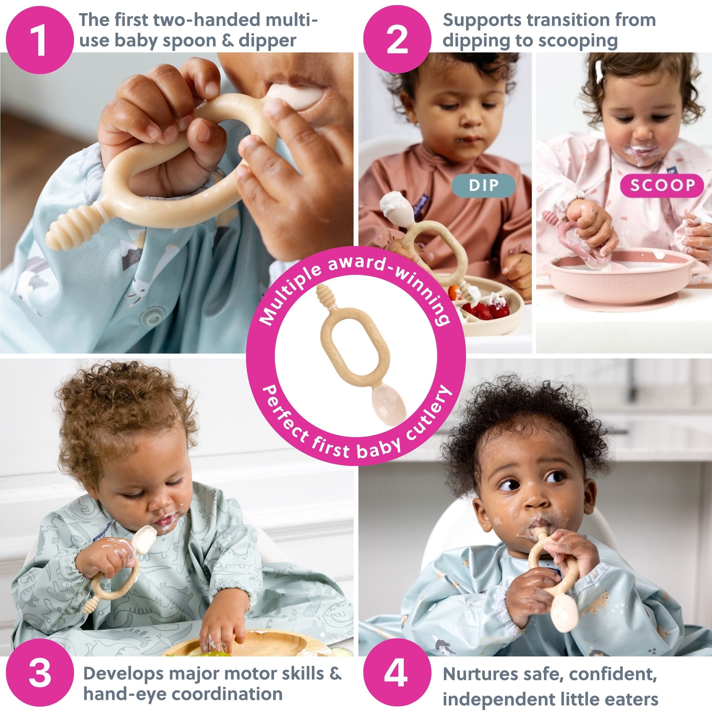 Set of two Bibado Dippit baby weaning spoons in FAWN color, designed for easy feeding and baby food transition.