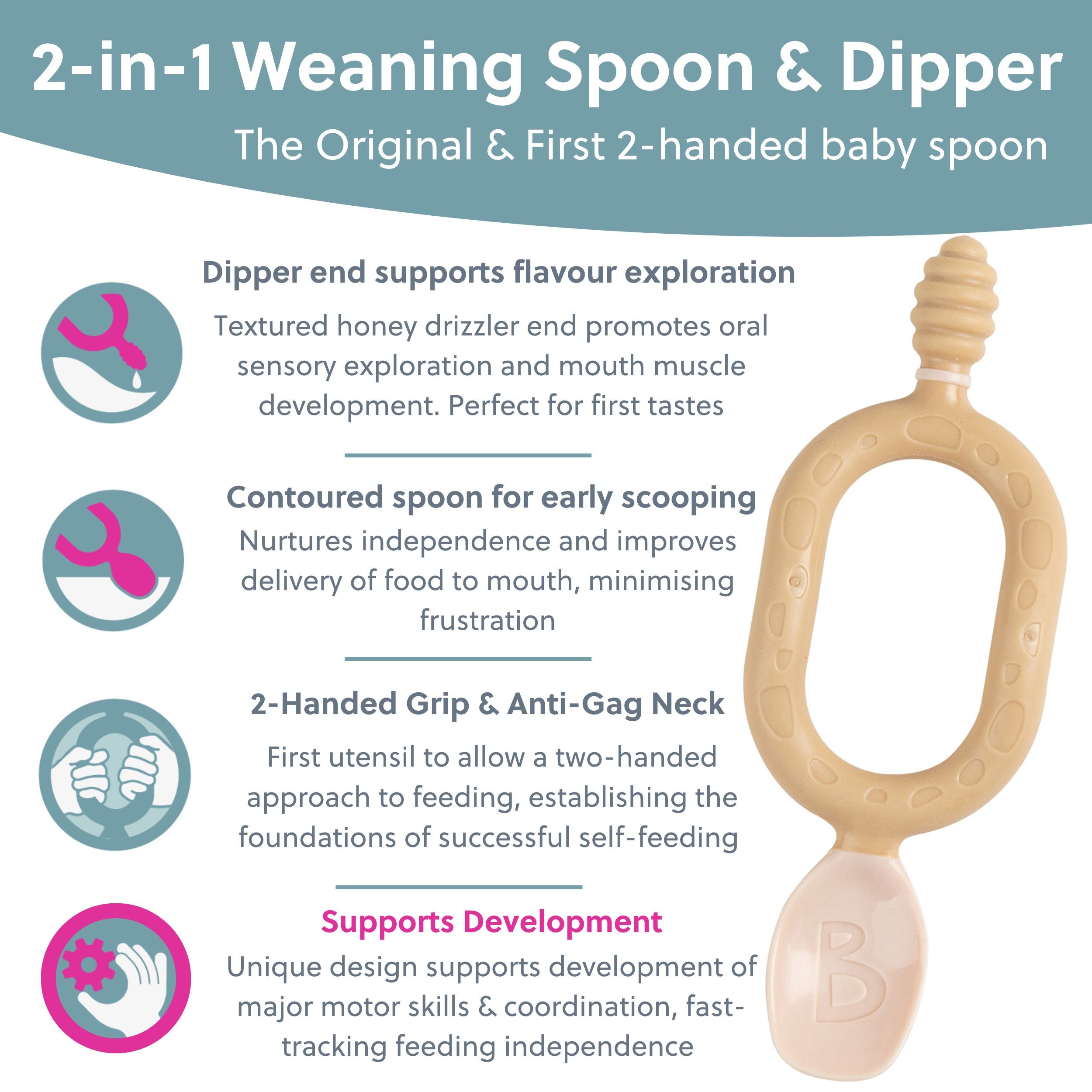 Set of two FAWN baby weaning spoons by Bibado, soft silicone tips and ergonomic handles for easy feeding.