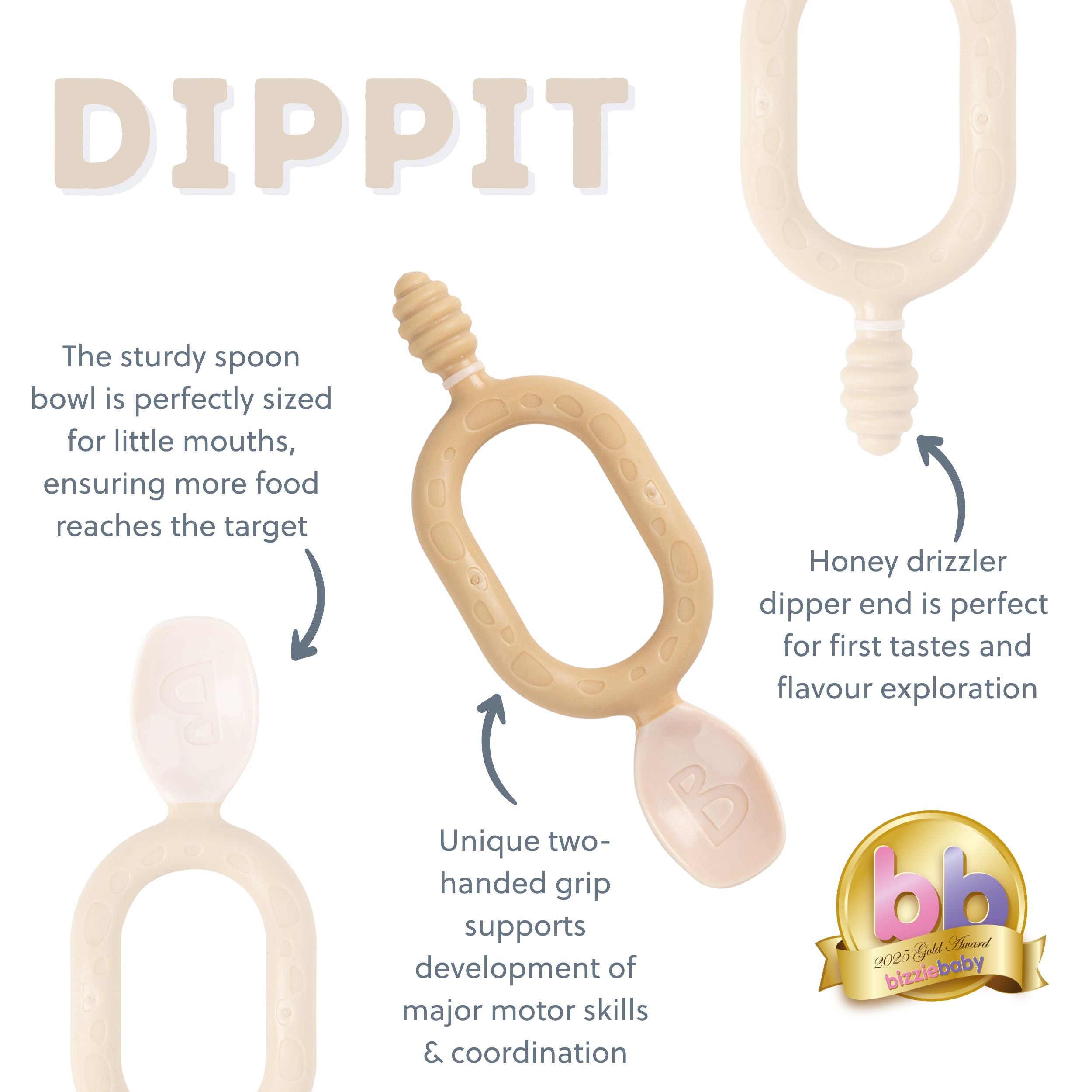 Set of two FAWN Bibado Dippit baby weaning spoons with ergonomic handles and soft tips for gentle feeding.