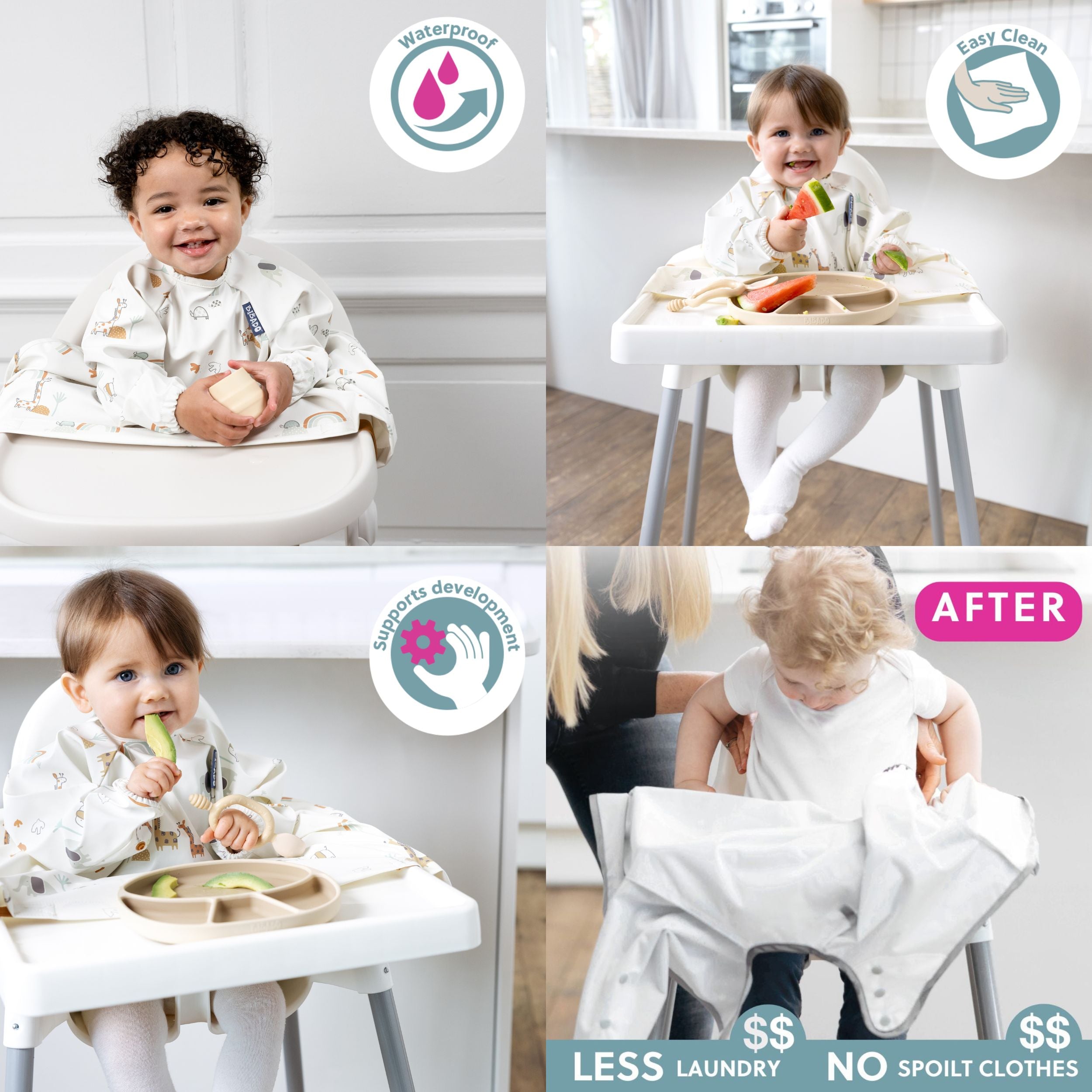 Bibado Serengeti Spaghetti Coverall in vibrant animal print fabric, designed to keep clothes clean during mealtime.