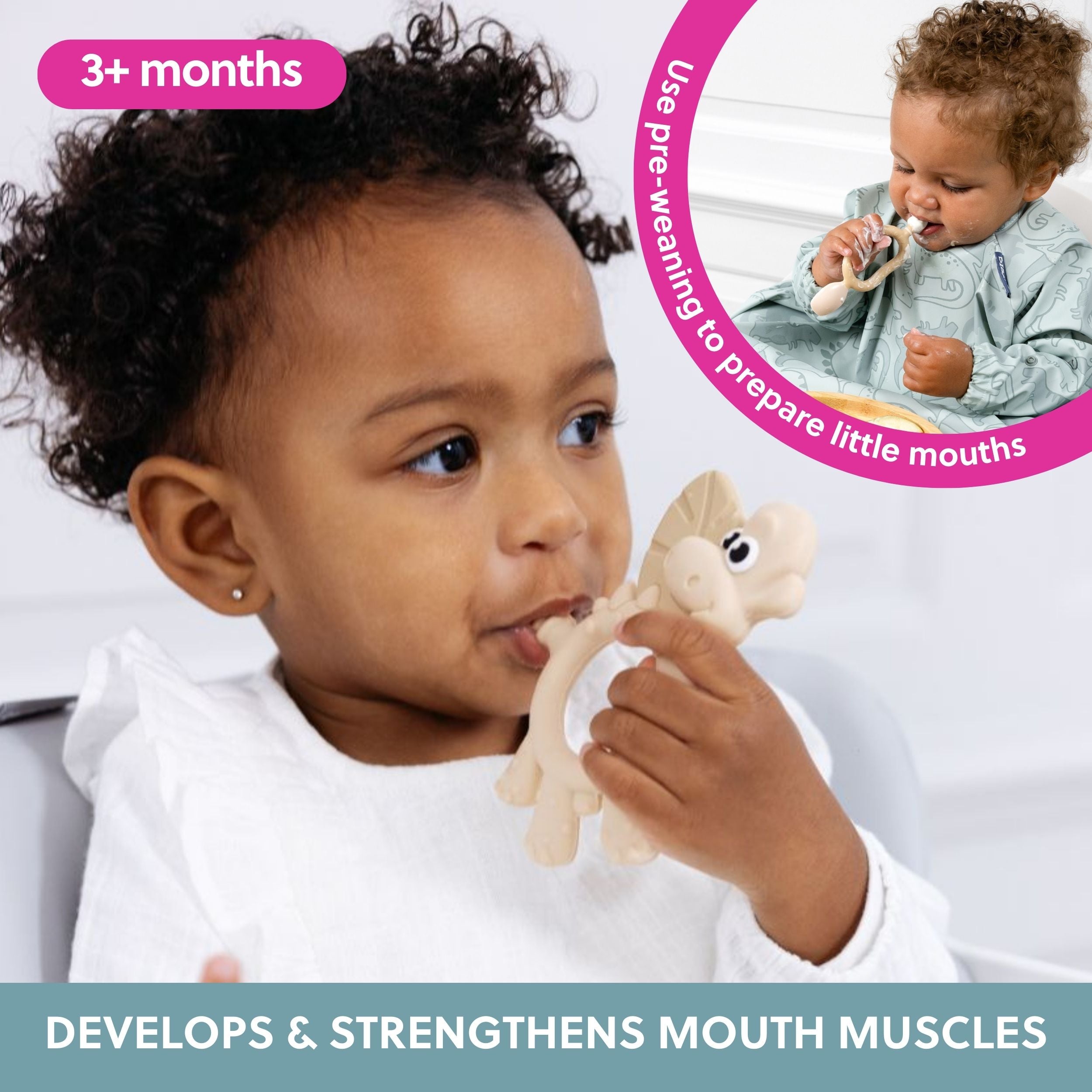 Bibado Dotty the Dinosaur fawn sensory teether with textured surfaces and colorful design for soothing and engaging baby sensory play.